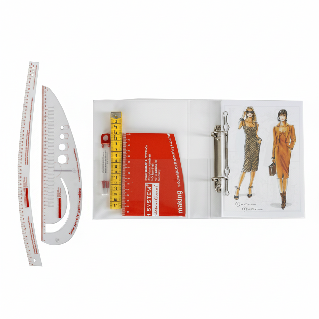 Set of fashion design tools including rulers and a pattern book with fashion illustrations.