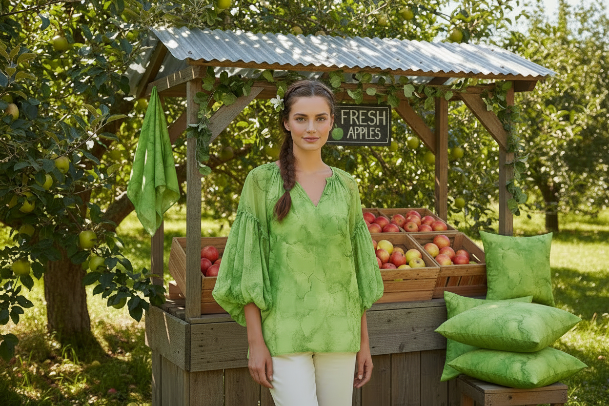 Woman in a green shirt standing in front of a fruit stand with apples in an orchard.