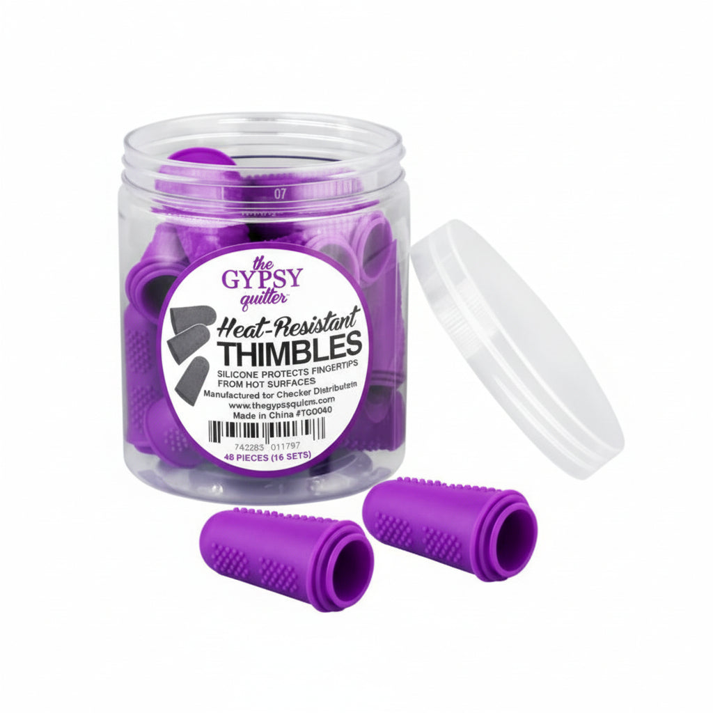 Jar of purple heat-resistant thimbles with a visible label on a white background