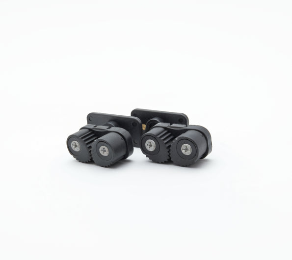 Two black camera mount brackets on a white background