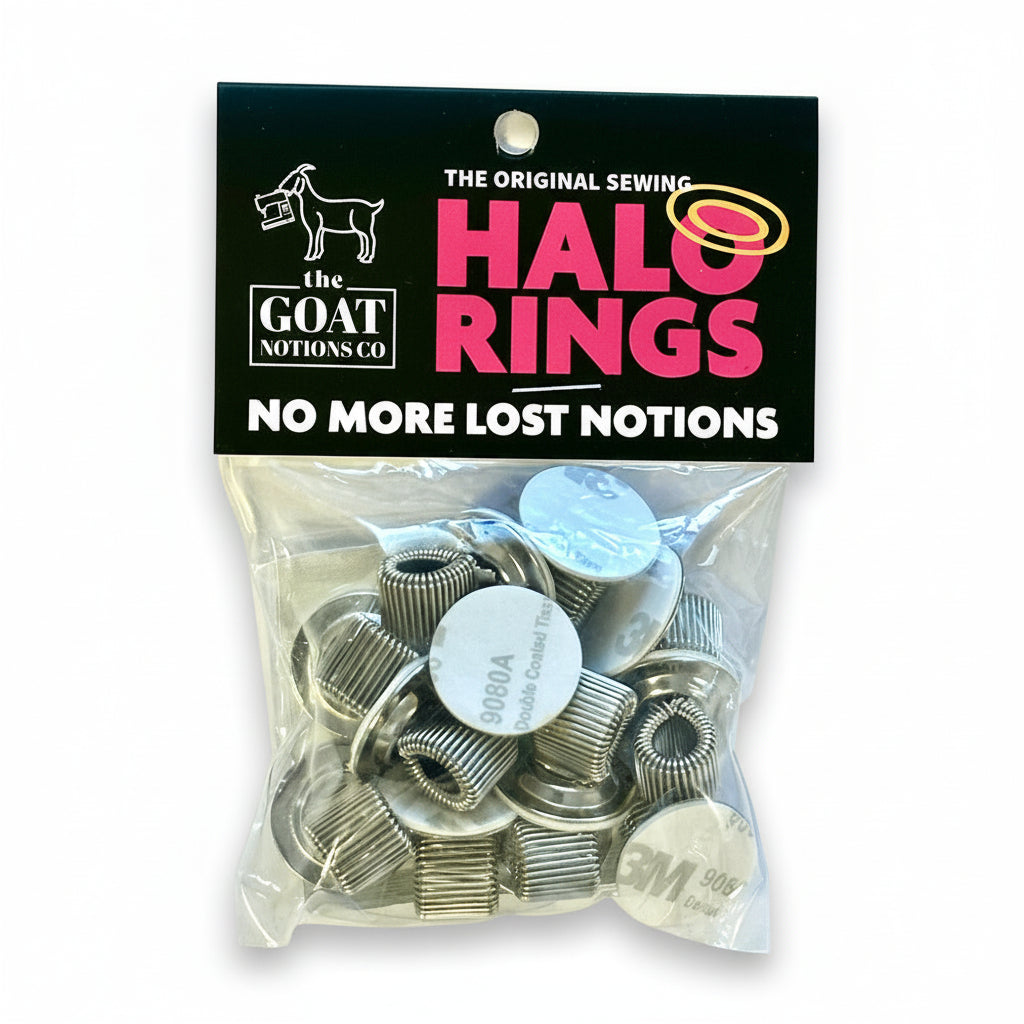 Packaged Halo Rings sewing notions with brand logo on a white background
