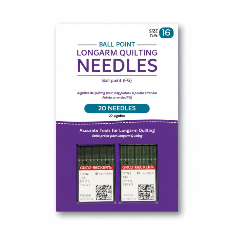 Package of Groz-Beckert ball point longarm quilting needles with packaging details on a purple background.
