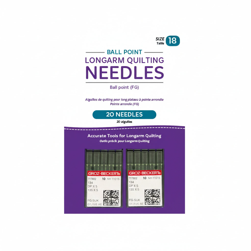 Pack of ball point longarm quilting needles with brand name on a white background
