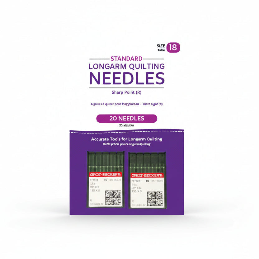 Pack of Groz-Beckert longarm quilting needles with purple packaging on a white background