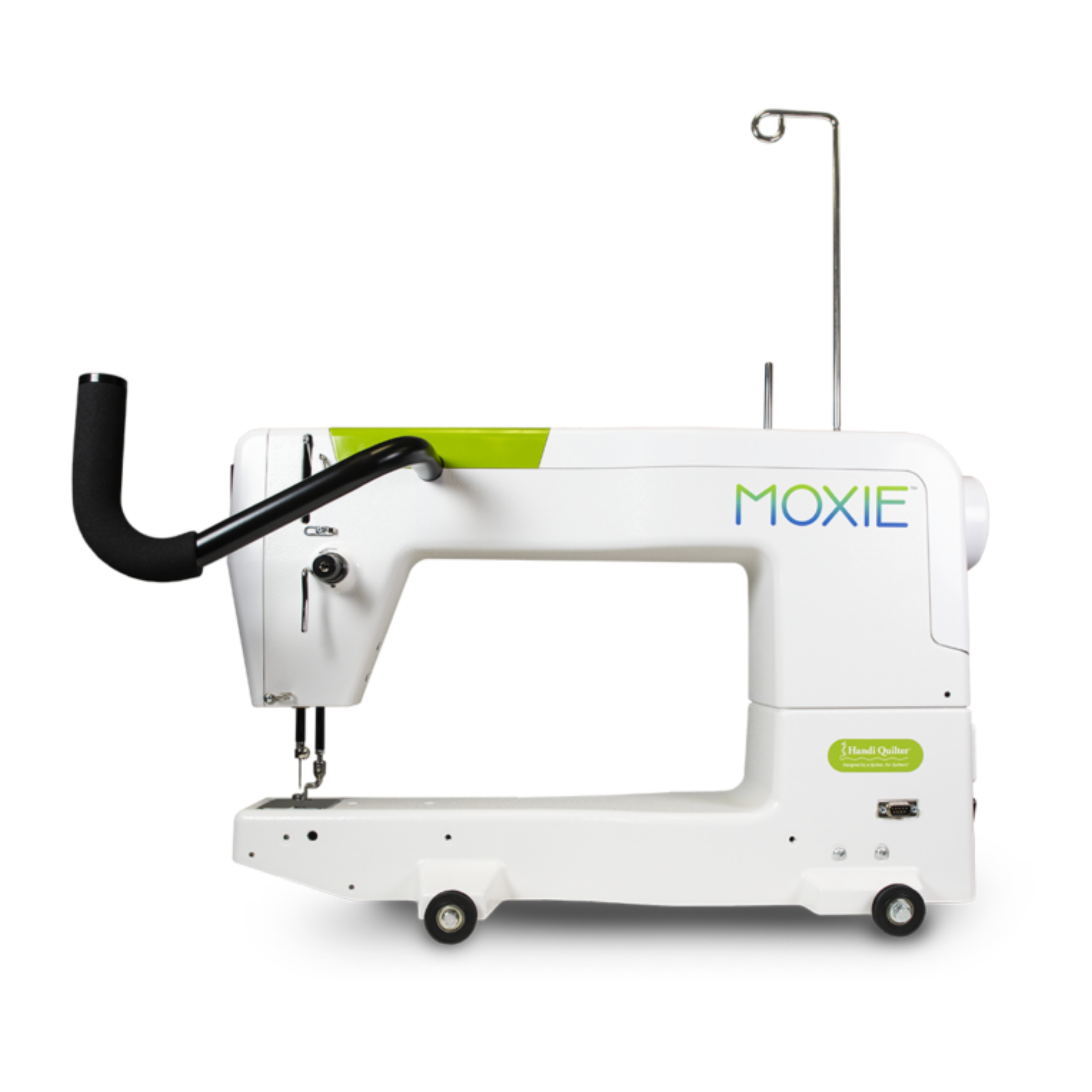White sewing machine with black arm and green accents on a white background, branded 'Moxie'.