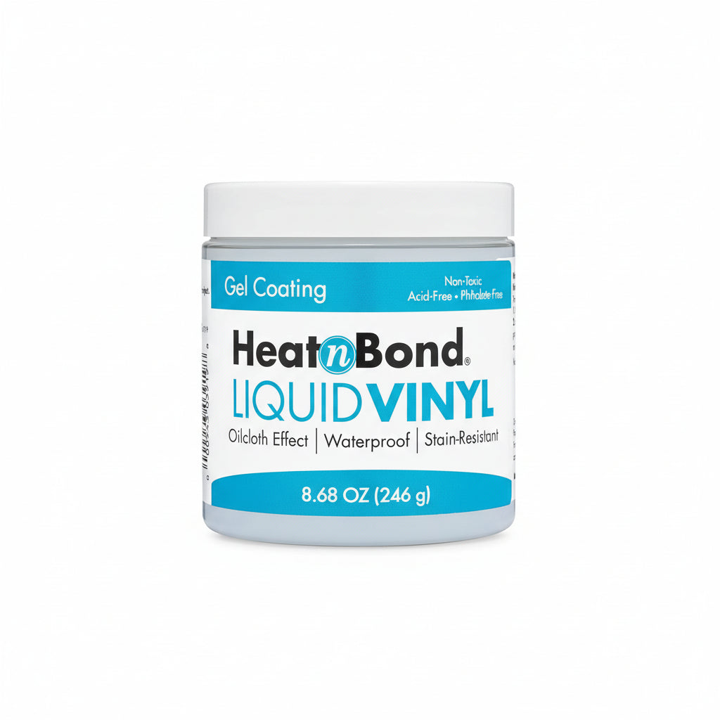 Jar of Heat'n Bond Liquid Vinyl with blue and white label