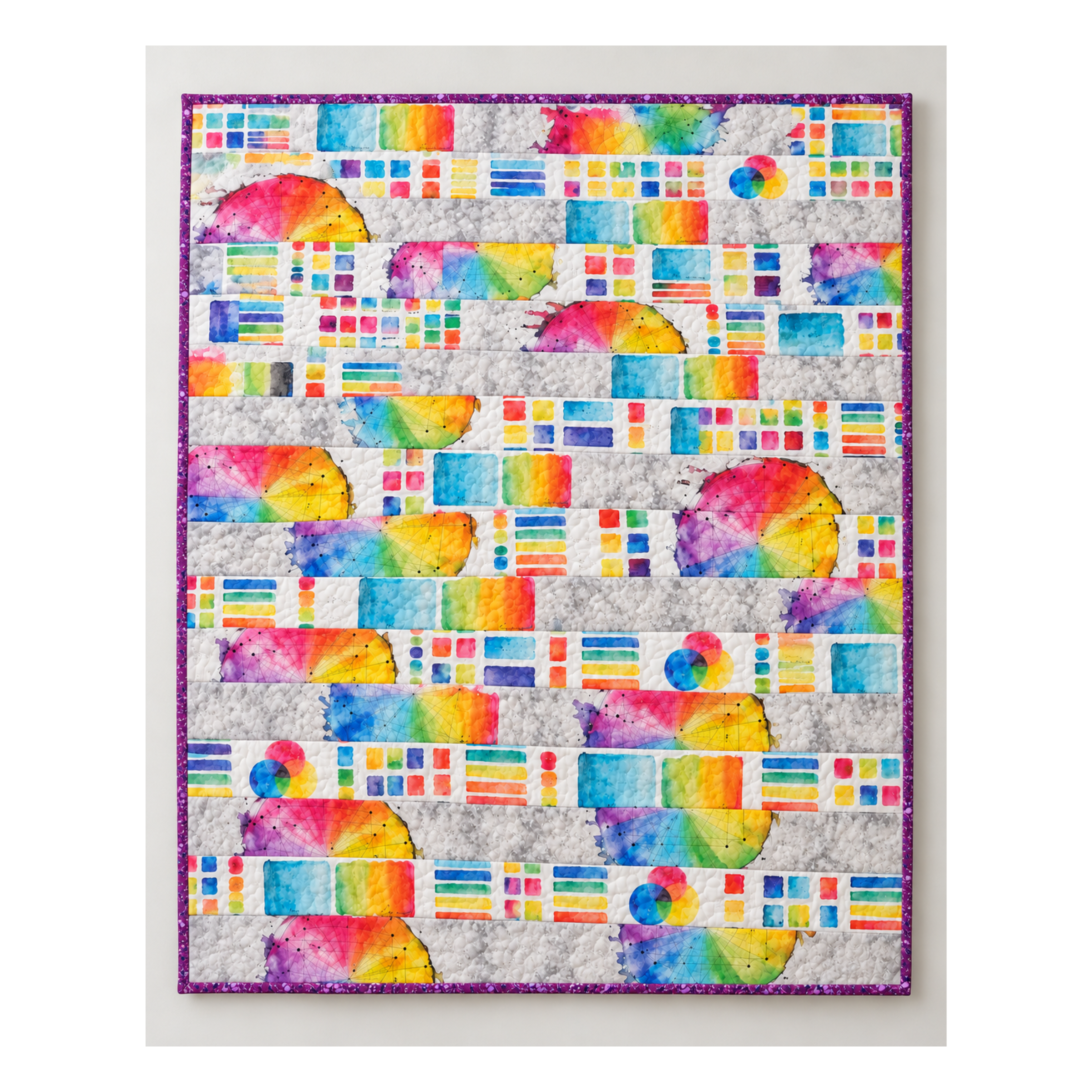Hues Color Wheel strip quilt made with FreeSpirit Hues Polychrome and Color Wheel fabrics with violet binding.
