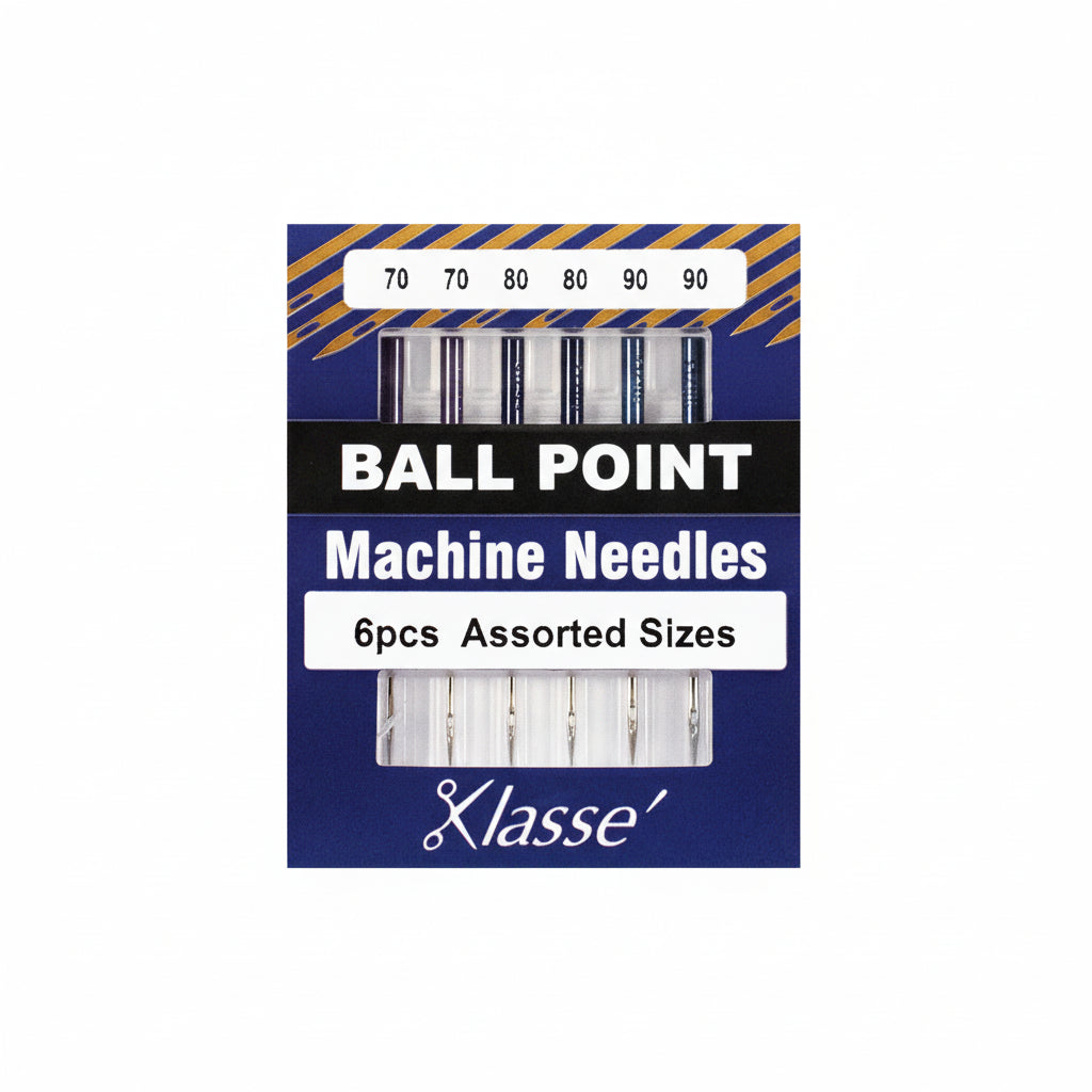 Pack of Klasse ball point machine needles with assorted sizes on a blue background