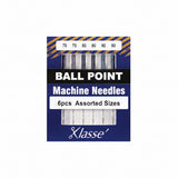Pack of Klasse ball point machine needles with assorted sizes on a blue background