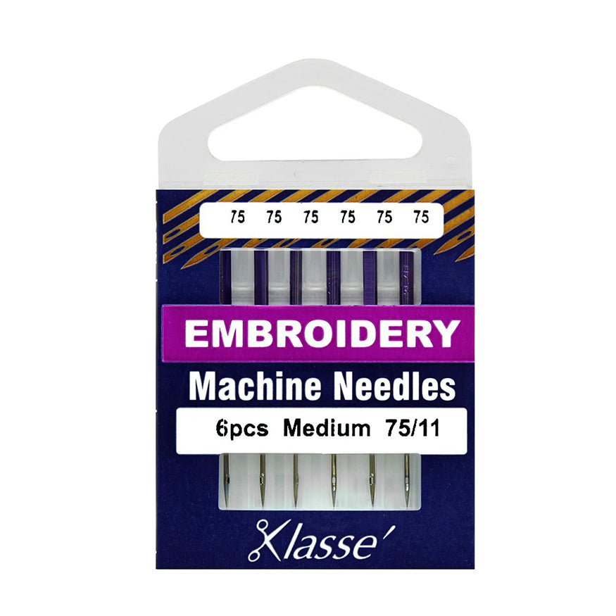 Pack of embroidery machine needles with Klasse branding on a white background
