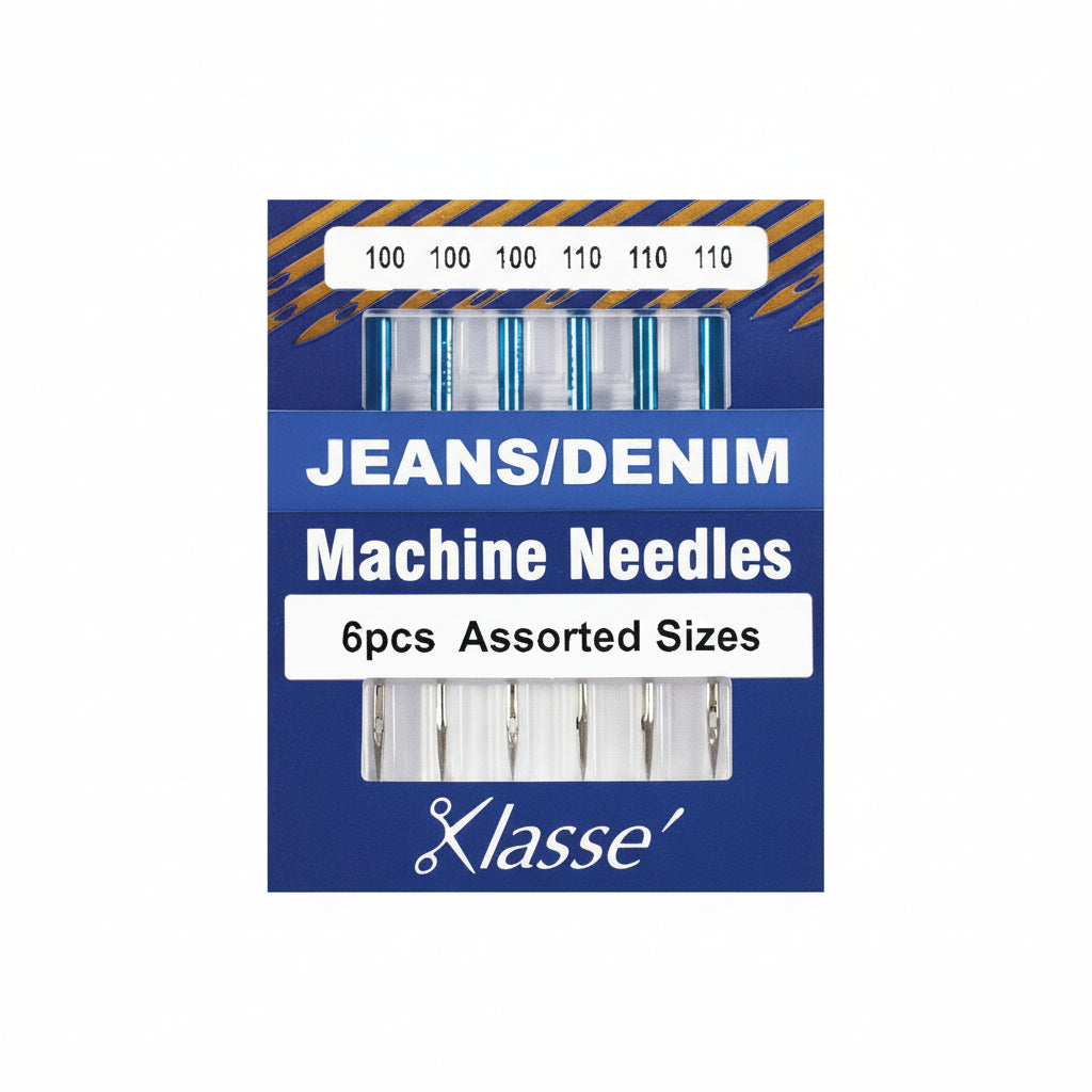 Pack of Klasse jeans/denim machine needles with assorted sizes on a blue background