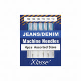 Pack of Klasse jeans/denim machine needles with assorted sizes on a blue background