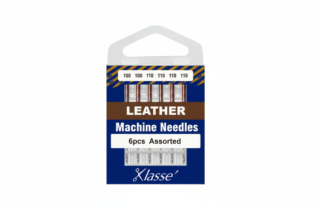 Pack of leather machine needles with Klasse branding on a white background