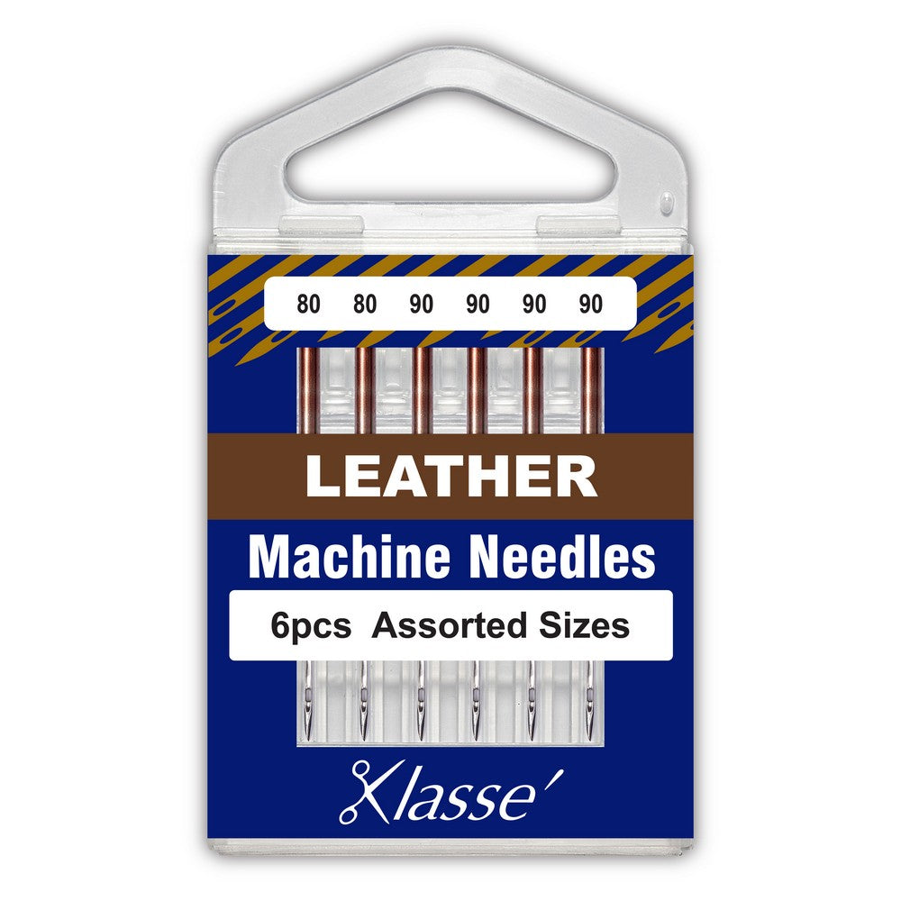 Pack of leather machine needles with assorted sizes on a blue background, featuring the brand 'Klasse'.