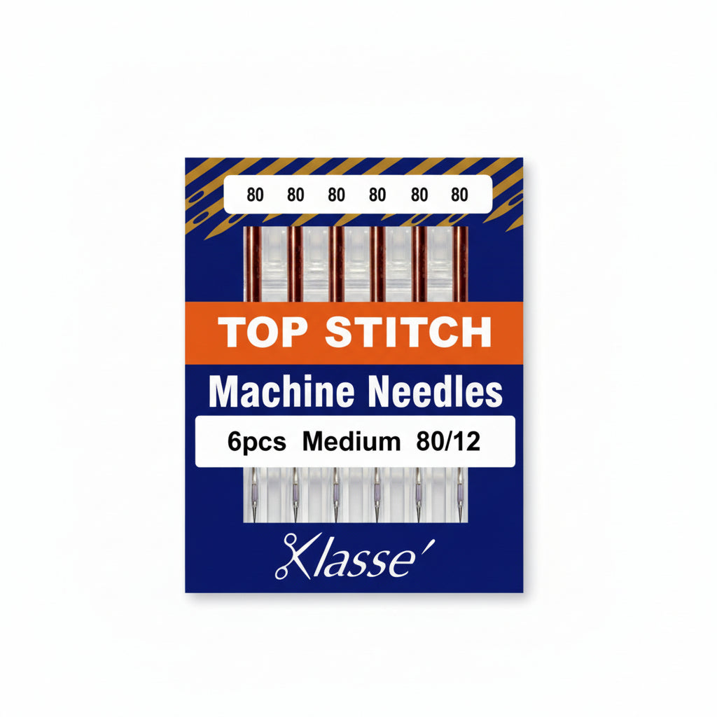 Pack of Klasse top stitch machine needles with packaging details on a white background