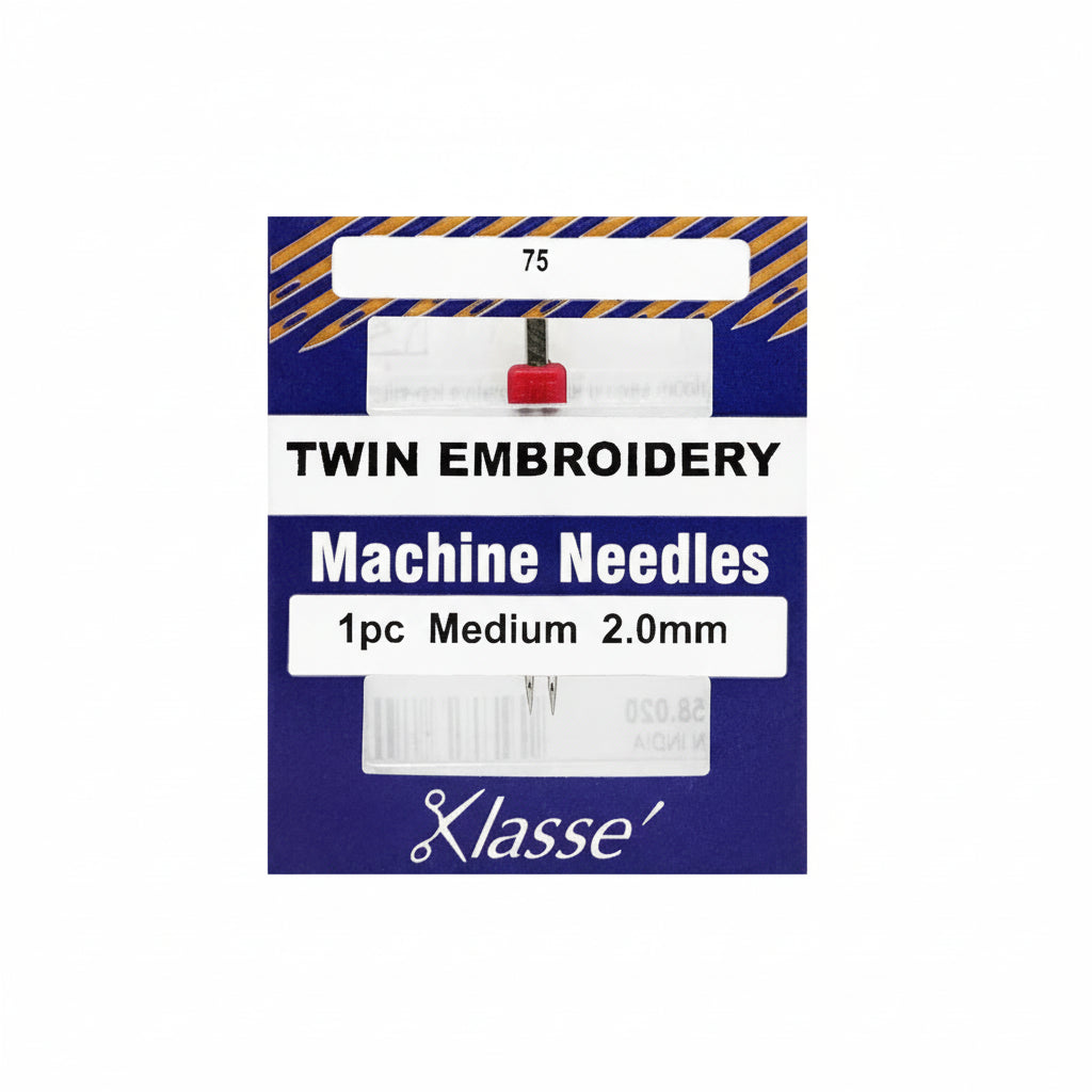Klasse twin embroidery machine needle packaging with needle and packaging details.