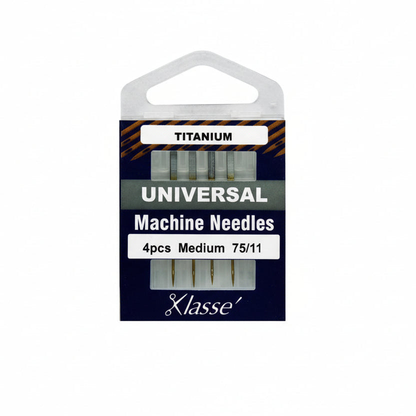 Pack of Klasse universal machine needles with titanium coating on a white background