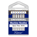 Pack of Klasse universal machine needles with blue and white packaging.