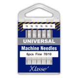Pack of Klasse universal machine needles with blue and white packaging.
