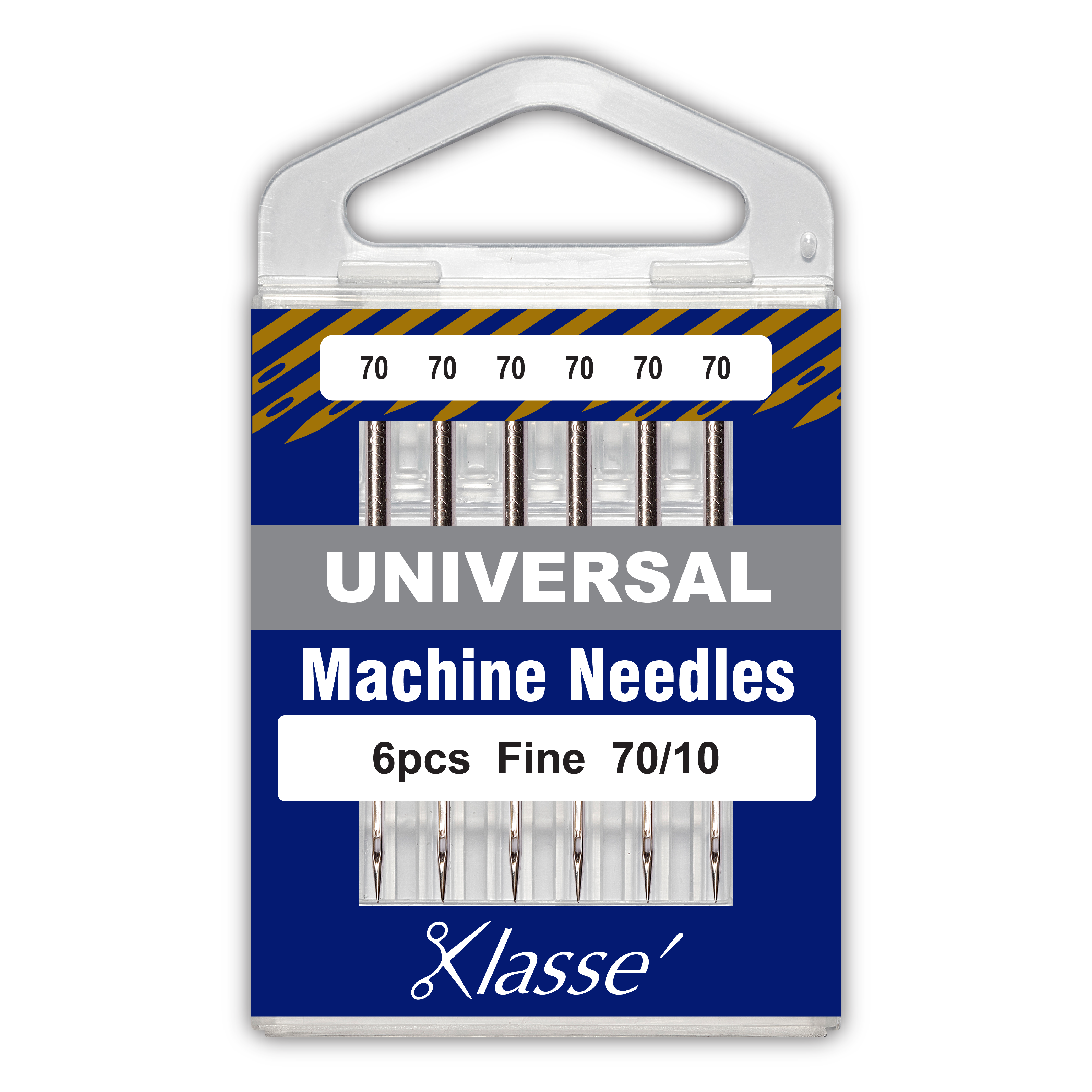 Pack of Klasse universal machine needles with blue and white packaging.
