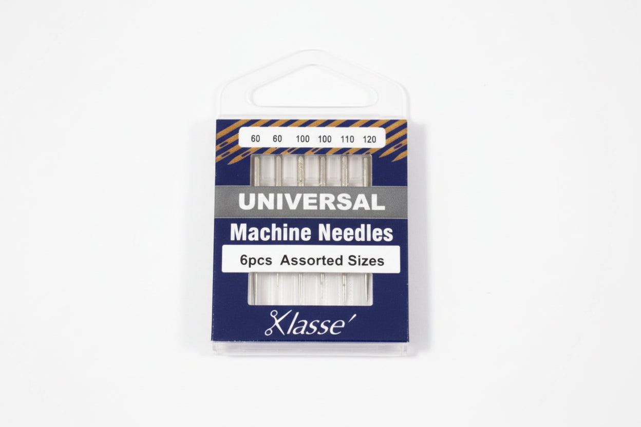 Pack of Klasse universal machine needles with assorted sizes on a white background