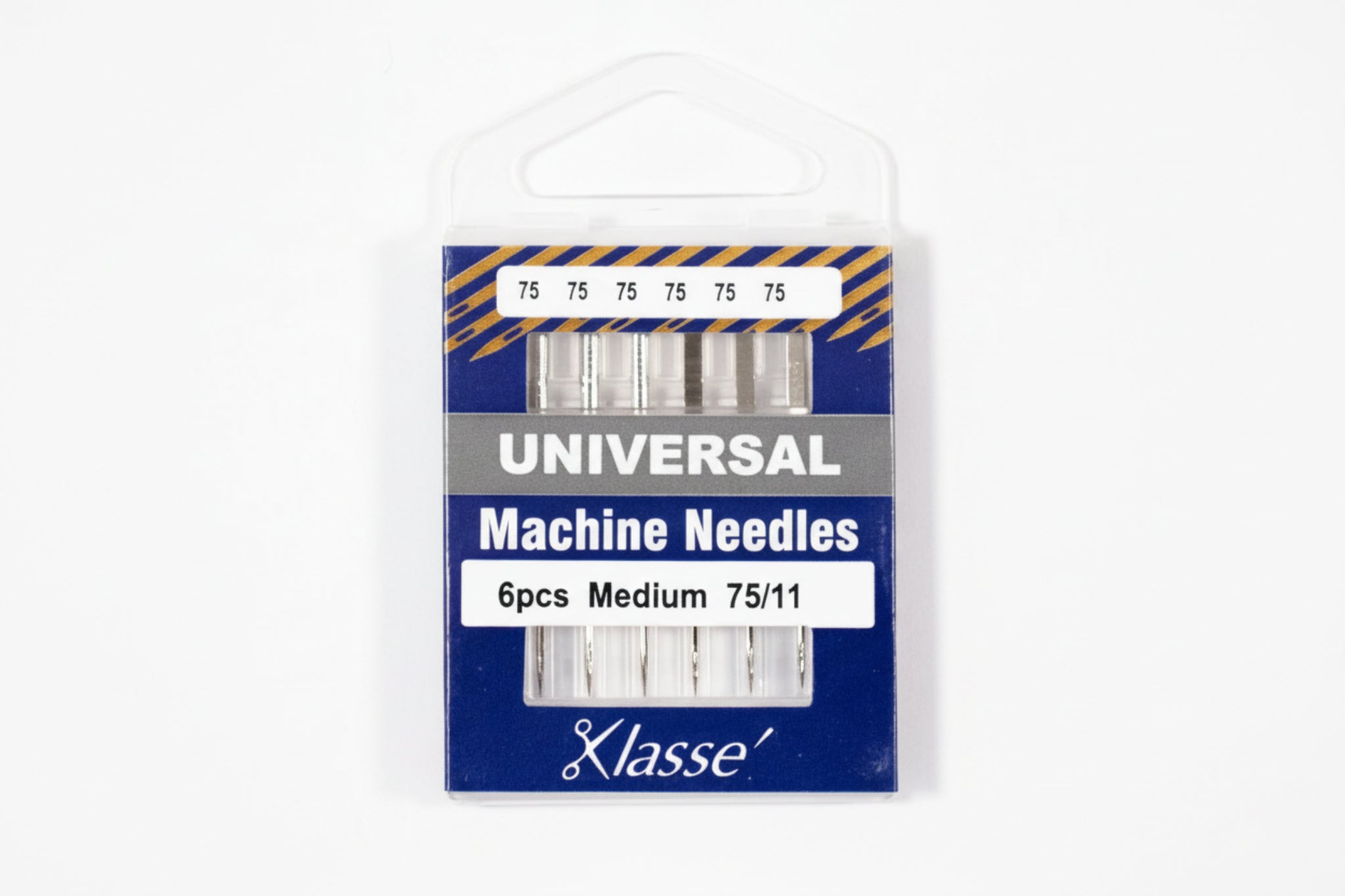 Pack of Klasse machine needles with blue and white packaging on a white background