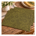 Coordinating quilted placemats made with Ladybug Whimsy Grass  fabric, featuring botanical line drawings on an olive green background.