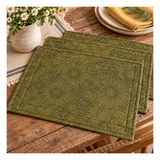Coordinating quilted placemats made with Ladybug Whimsy Grass  fabric, featuring botanical line drawings on an olive green background.