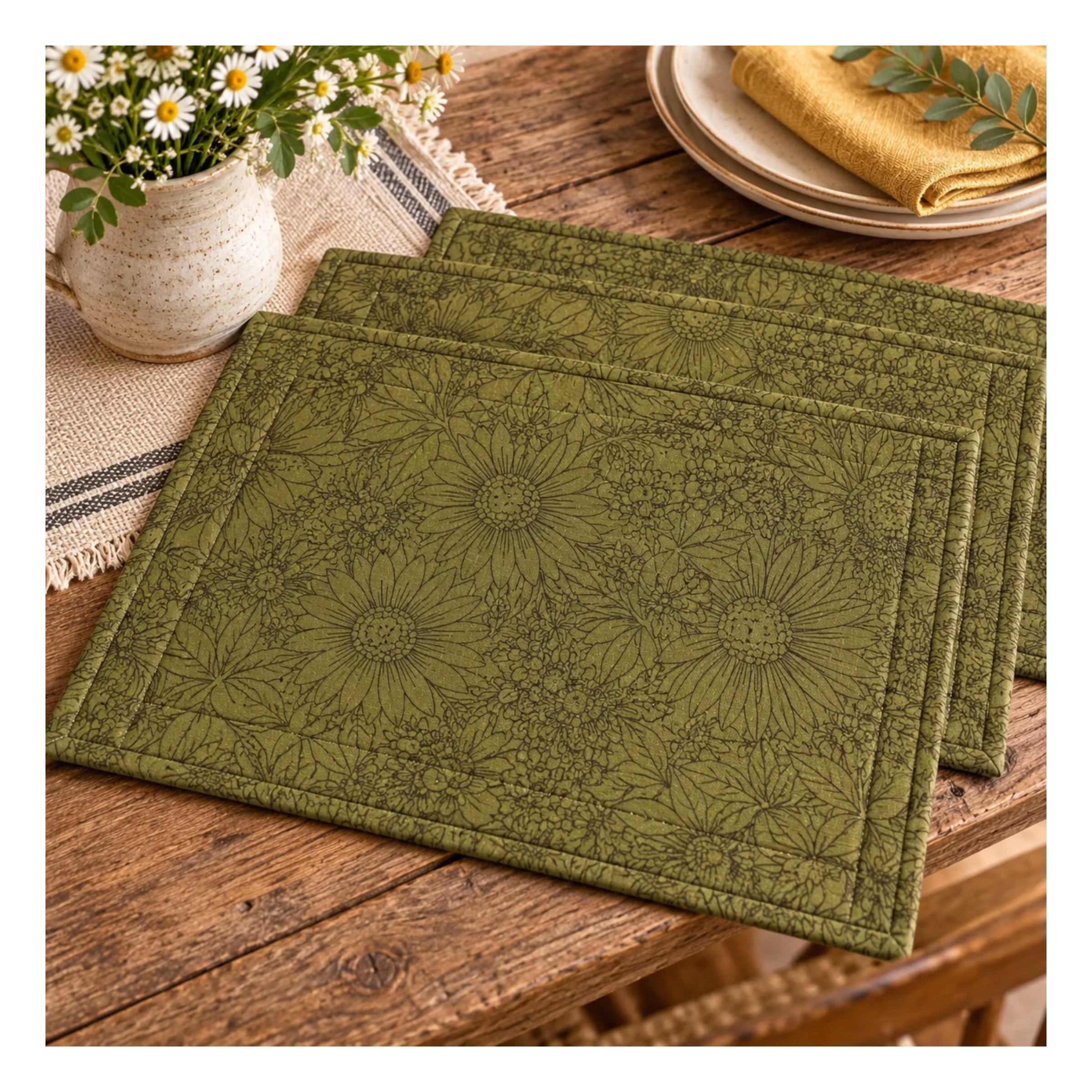 Coordinating quilted placemats made with Ladybug Whimsy Grass  fabric, featuring botanical line drawings on an olive green background.