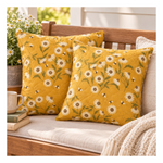Two quilted decorative pillows made with Ladybug Whimsy Daisy fabric featuring white daisies and tiny bees on a golden yellow background.