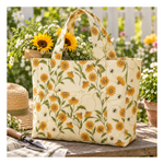 Handmade garden tote bag featuring Ladybug Whimsy Daisy fabric with golden daisies, small bees and green leaves by Gingiber for Mod