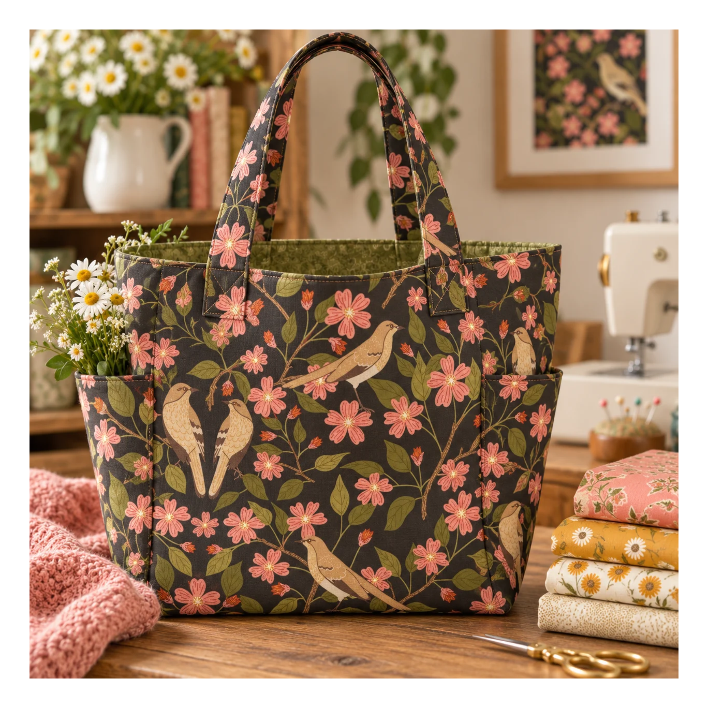 Handmade quilted sewing tote featuring Ladybug Whimsy Garden Birds Black fabric with golden songbirds, pink blossoms and green leaves by Gingiber for Moda.