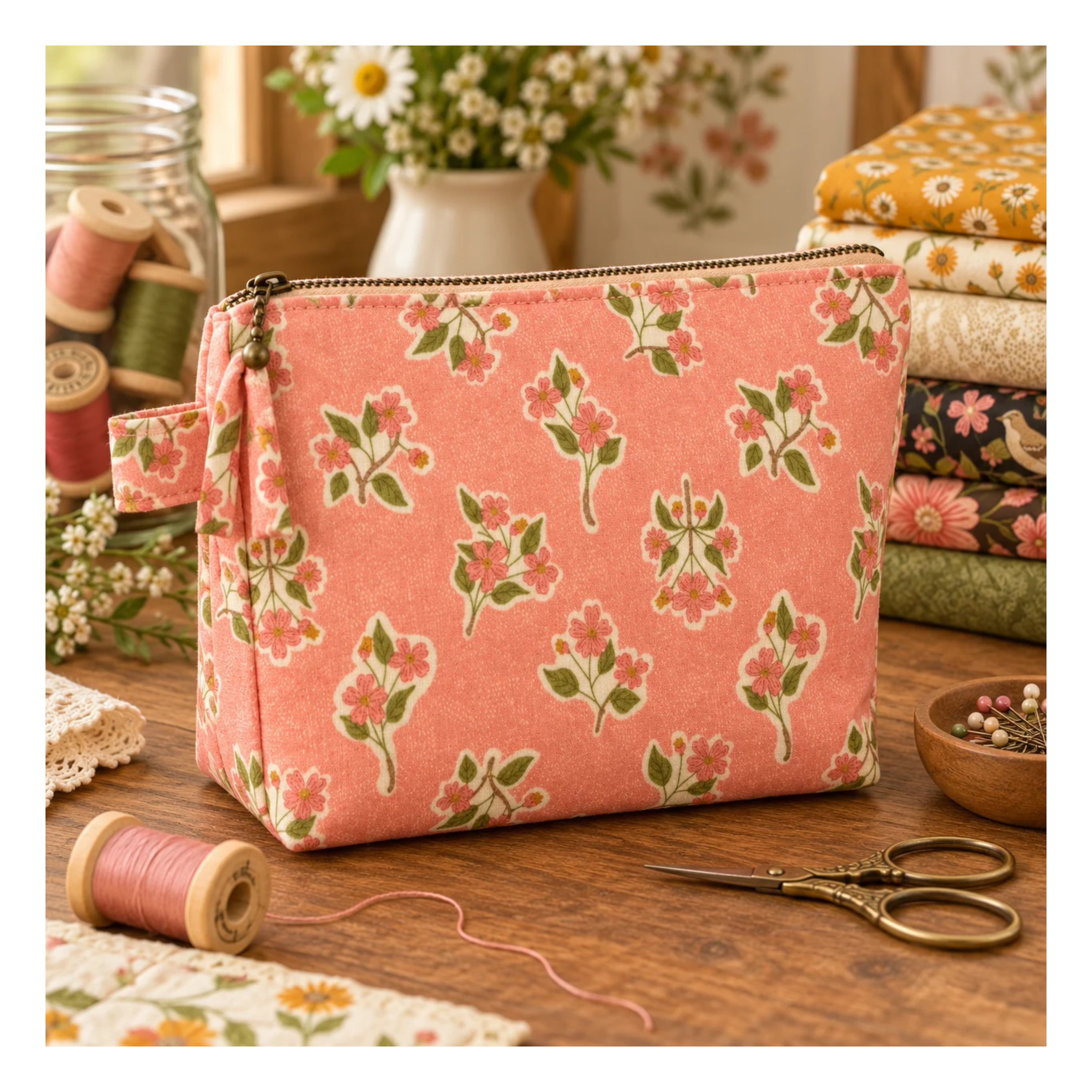 Quilted accent pillow featuring Ladybug Whimsy Zinnias Black fabric with large coral, pink, cream and golden flowers by Gingiber for Moda.