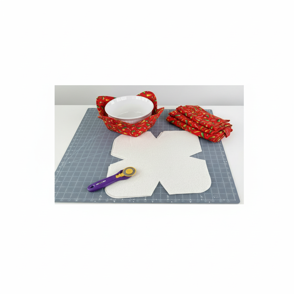 Fabric with bowl, scissors, and cutting mat on a white background