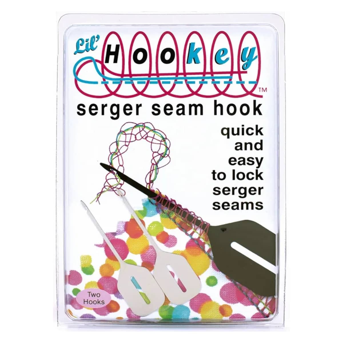 Serger seam hook packaging with colorful design and text on a white background