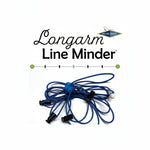 Longarm Line Minder with blue cord and black ends on a white background, featuring Michael Quilts logo.