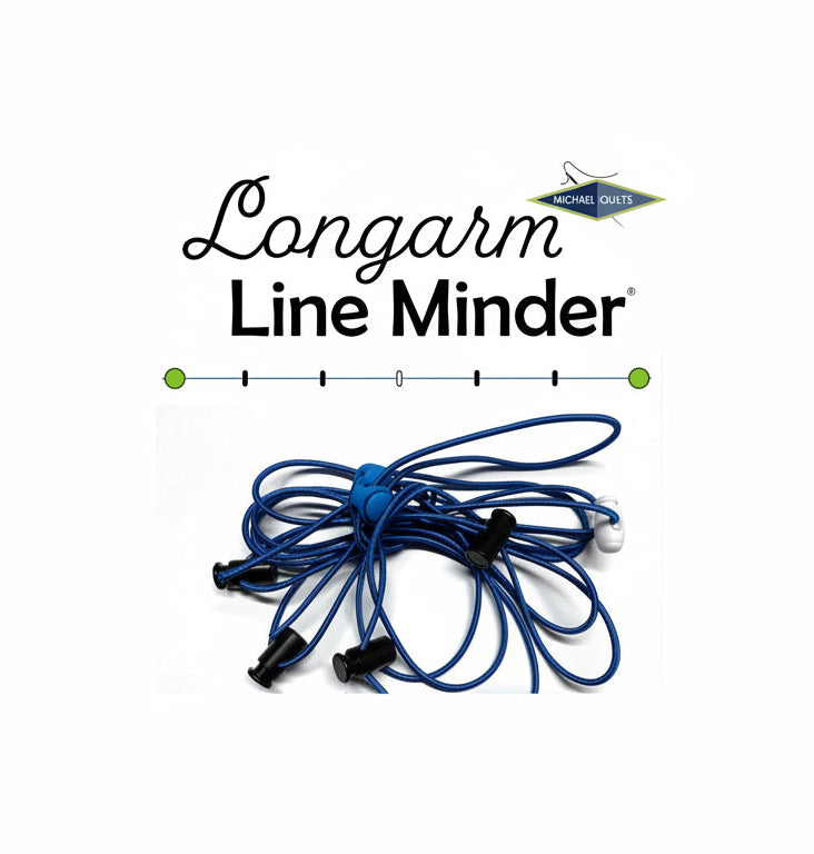 Longarm Line Minder with blue cord and black ends on a white background, featuring Michael Quilts logo.