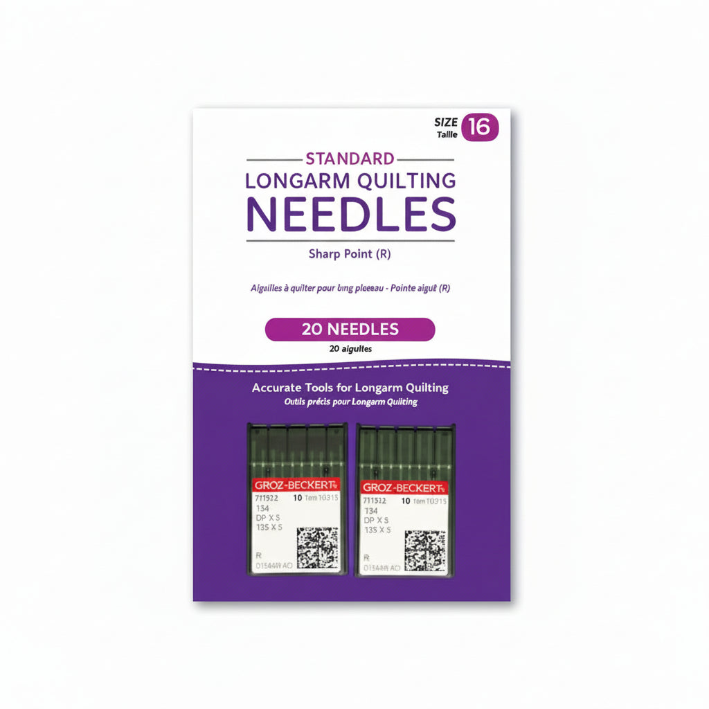 Package of Groz-Beckert longarm quilting needles on a purple background