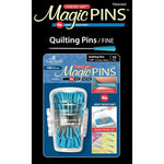 Packaging of Magic Pins quilting pins with blue pins and a clear storage case on a white background.
