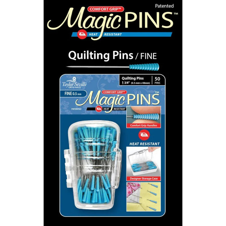 Packaging of Magic Pins quilting pins with blue pins and a clear storage case on a white background.