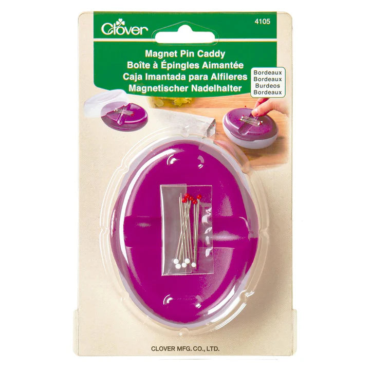 Purple magnet pin caddy with pins in packaging, brand 'Clover' visible