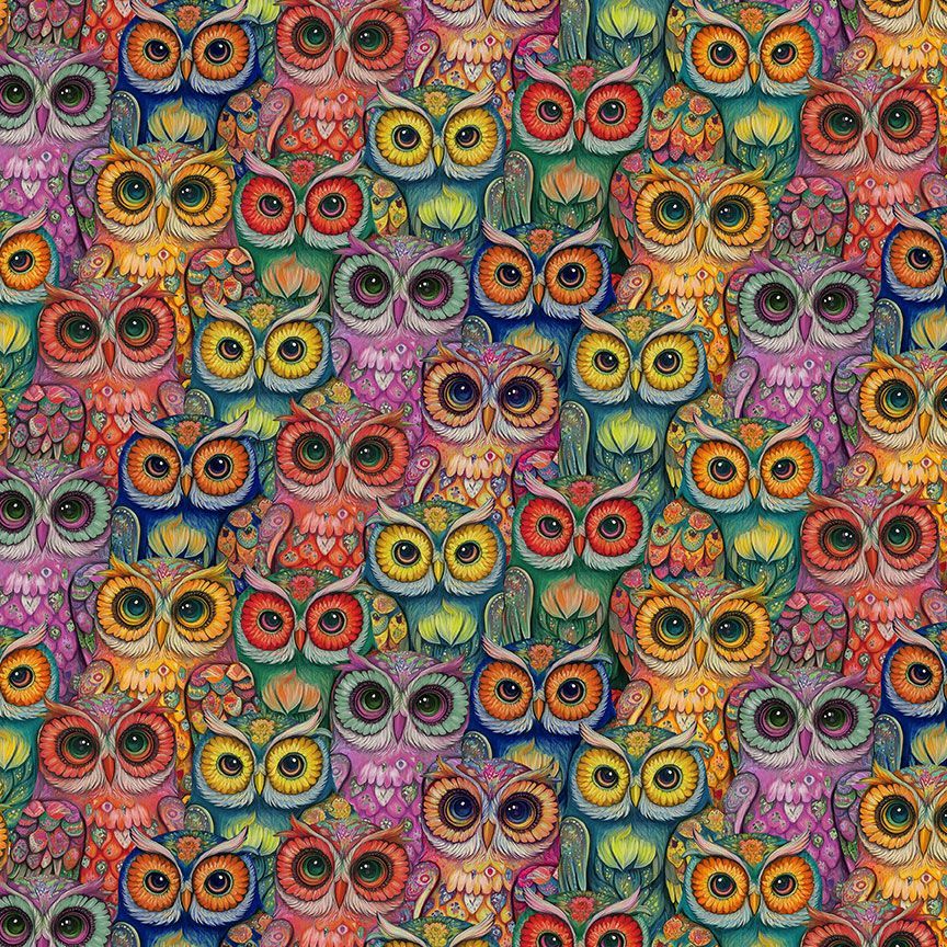 Pattern of colorful cartoon owls with various colors.