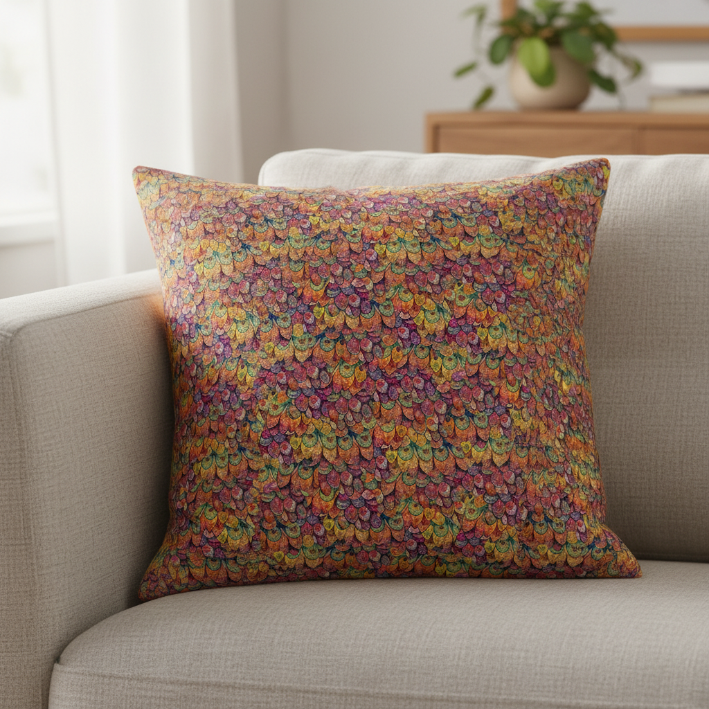 Colorful patterned pillow on a beige sofa with a neutral background