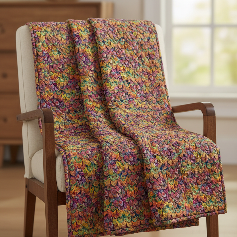 Colorful floral-patterned blanket draped over a wooden chair in a room with a window.