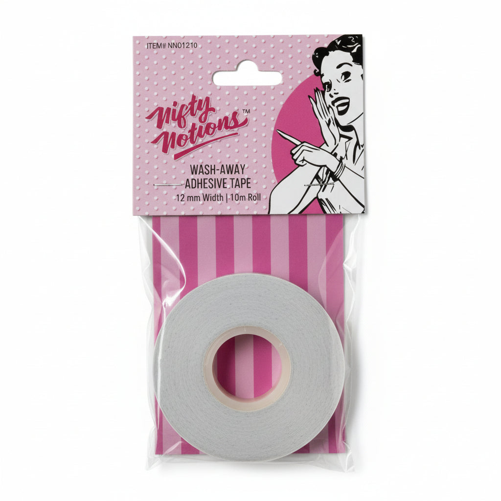 Wash away adhesive tape with pink striped packaging and 'Nifty Notions' branding.