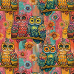 Colorful pattern of owls and flowers on a pink background