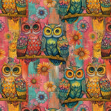 Colorful pattern of owls and flowers on a pink background