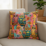 Colorful pillow with owl design on a beige couch