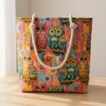 Colorful tote bag with owl design on a wooden surface