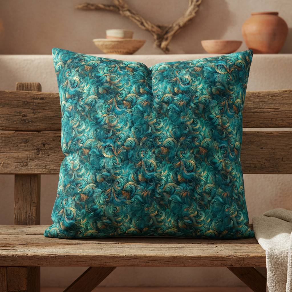 Teal patterned pillow on a wooden bench with a rustic background